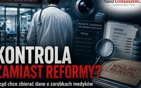 Lekarz w białym kitlu, dane o zarobkach medyków, PESEL, lupa i pieczęć "Kolejny rejestr". To kontrola, nie reforma.