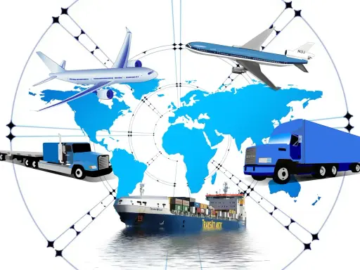 Globalne funkcje dystrybucji: samoloty, statki i ciężarówki transportują towary po całym świecie, symbolizując logistykę.