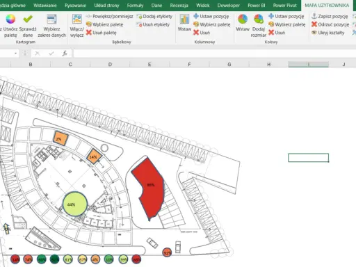 Wykres w arkuszu Excel z planem architektonicznym i naniesionymi danymi procentowymi.