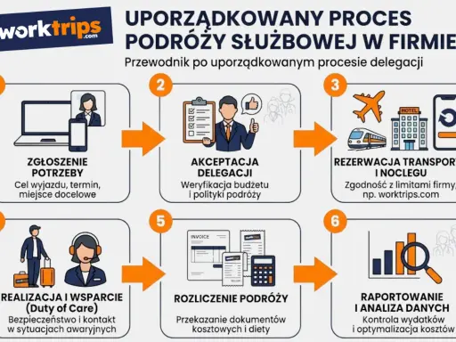 Schemat uporządkowanego procesu delegacji: zgłoszenie potrzeby, akceptacja, rezerwacja, realizacja, rozliczenie i raportowanie.