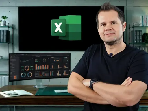 Mężczyzna z ramionami skrzyżowanymi na piersi, logo Excel na ekranie. Idealne miejsce na **excel samouczek**.