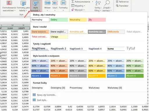 Excel: zliczanie komórek z tekstem. Widok stylów komórek, nagłówków i formatów liczb.