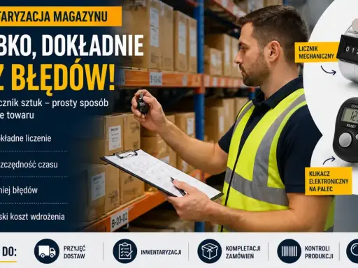 Pracownik magazynu z licznikiem ręcznym i elektronicznym usprawnia inwentaryzację magazynu. Szybko, dokładnie, bez błędów.