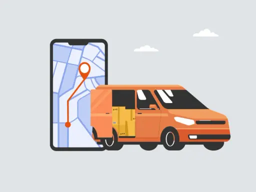 Pomarańczowa furgonetka z paczkami obok smartfona z mapą i trasą. To wizualizacja nowoczesnego systemu telematycznego w logistyce.