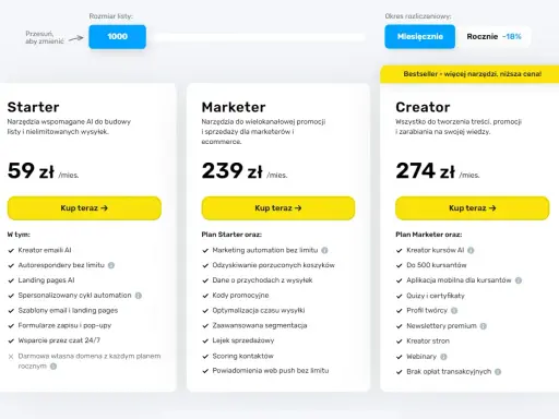 Porównanie planów GetResponse: Starter, Marketer, Creator. Wybierz narzędzia AI do email marketingu, automatyzacji i sprzedaży.