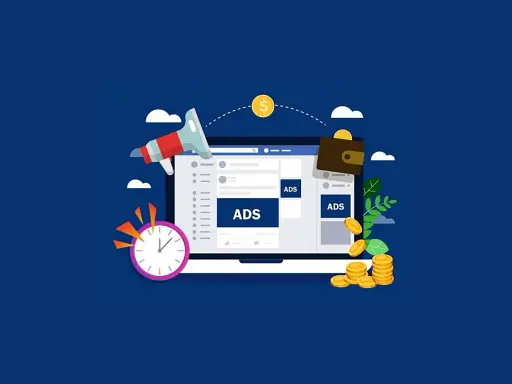 Grafika przedstawia laptop z reklamami, zegar, portfel i monety, symbolizujące efektywny rtb marketing i zarabianie.