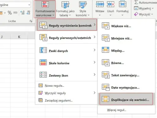 Wybierz "Duplikujące się wartości..." w menu "Formatowanie warunkowe", aby dowiedzieć się, jak usunąć powtarzające się wiersze w Excelu.