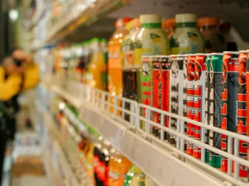 Rząd puszek z napojami energetycznymi na półce sklepowej, część branży FMCG.