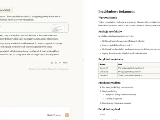 Przykładowy artefakt w formie dokumentu Markdown, zawierający nagłówki, listy, tabelę i kod. Oto przykłady jego użycia.