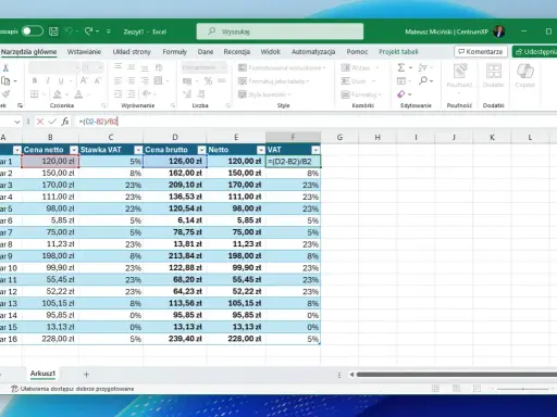 Excel pokazuje, jak obliczyć popyt, prezentując ceny netto, brutto i VAT dla różnych towarów. Formuła w komórce F2 pokazuje, jak to zrobić.