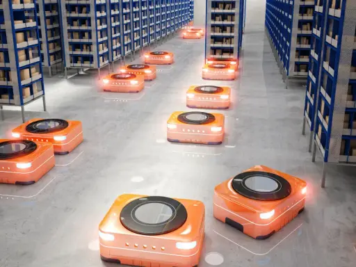 Pomarańczowe roboty autonomiczne poruszają się między rzędami regałów w nowoczesnych magazynach, usprawniając logistykę.