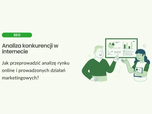 Ilustracja przedstawia analizę konkurencji w internecie. Dwie osoby omawiają wykresy i dane, planując działania marketingowe.