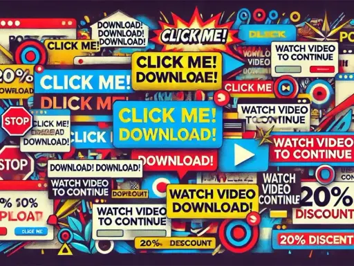 Mnóstwo przycisków "CLICK ME!", "DOWNLOAD!", "WATCH VIDEO TO CONTINUE" i "20% DISCOUNT" tworzy chaos, jak w pop-up.