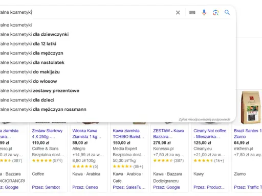 Wyszukiwarka Google podpowiada frazy związane z "naturalne kosmetyki", np. dla dzieci, nastolatek, do makijażu.