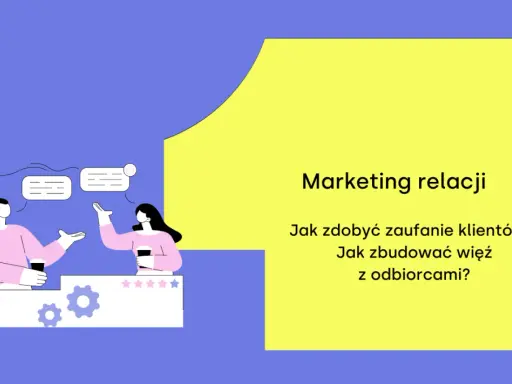 Dwie osoby rozmawiają, budując relacje. Grafika ilustruje marketing relacji, pokazując jak zdobyć zaufanie i więź z odbiorcami.