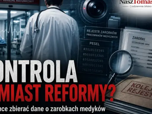 Lekarz w białym kitlu, dane o zarobkach medyków, PESEL, lupa i pieczęć "Kolejny rejestr". To kontrola, nie reforma.