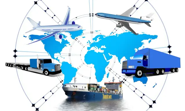 Globalne funkcje dystrybucji: samoloty, statki i ciężarówki transportują towary po całym świecie, symbolizując logistykę.