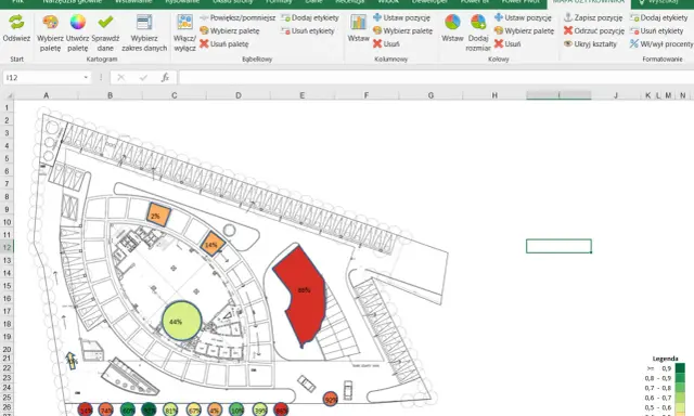 Wykres w arkuszu Excel z planem architektonicznym i naniesionymi danymi procentowymi.