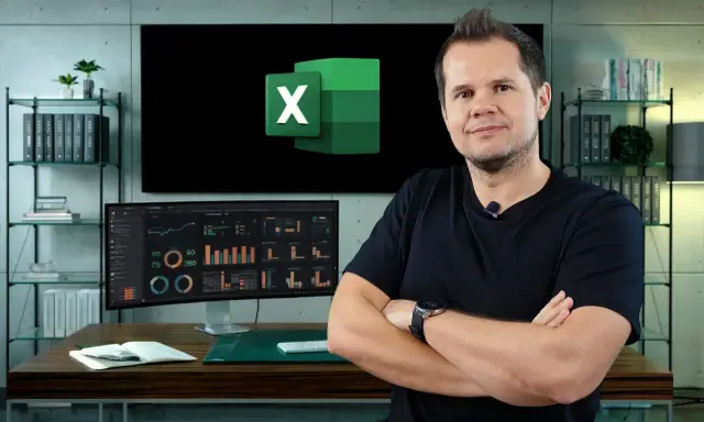 Mężczyzna z ramionami skrzyżowanymi na piersi, logo Excel na ekranie. Idealne miejsce na **excel samouczek**.