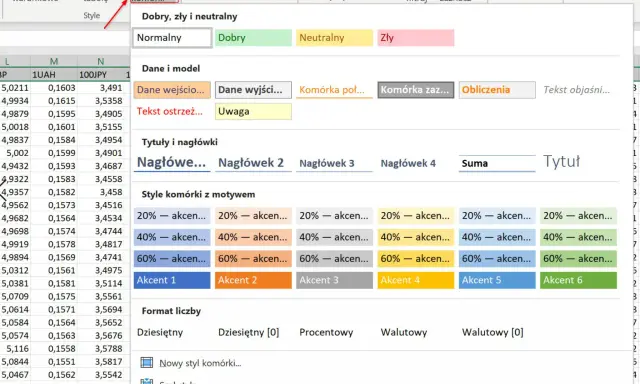 Excel: zliczanie komórek z tekstem. Widok stylów komórek, nagłówków i formatów liczb.