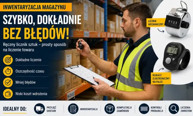 Pracownik magazynu z licznikiem ręcznym i elektronicznym usprawnia inwentaryzację magazynu. Szybko, dokładnie, bez błędów.