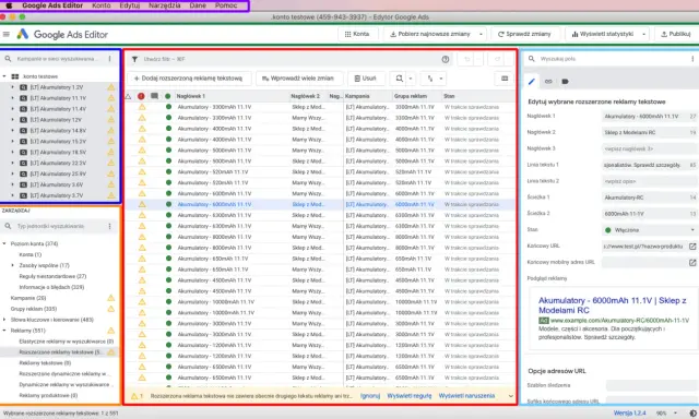 Edytor Google Ads pokazuje listę rozszerzonych reklam tekstowych z nagłówkami i stanem. Można tu edytować reklamy akumulatorów.