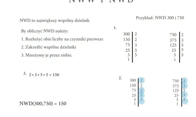 Jak obliczyć setki w pracy? Przykład NWD 300 i 750. Rozkład na czynniki pierwsze, wspólne dzielniki i mnożenie. NWD(300,750) = 150.
