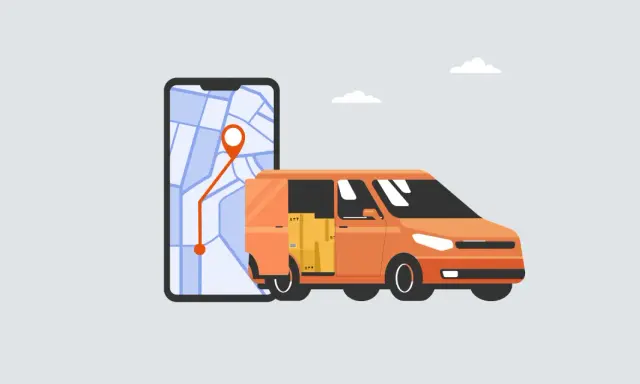 Pomarańczowa furgonetka z paczkami obok smartfona z mapą i trasą. To wizualizacja nowoczesnego systemu telematycznego w logistyce.
