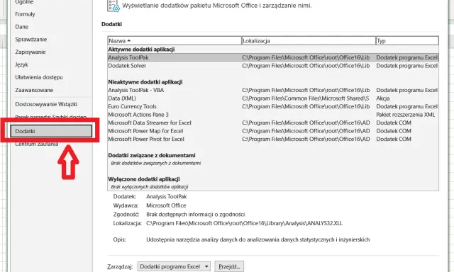 Wybór "Dodatki" w Excelu. Widzimy listę aktywnych i nieaktywnych dodatków, w tym "Analysis ToolPak", który służy do analityka co to.