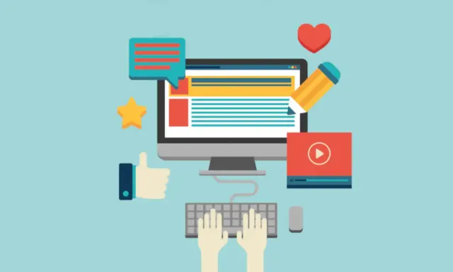 Grafika przedstawia komputer z klawiaturą, myszką, ikonami social media i sercem. To idealne narzędzia dla działu marketingu.