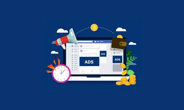 Grafika przedstawia laptop z reklamami, zegar, portfel i monety, symbolizujące efektywny rtb marketing i zarabianie.