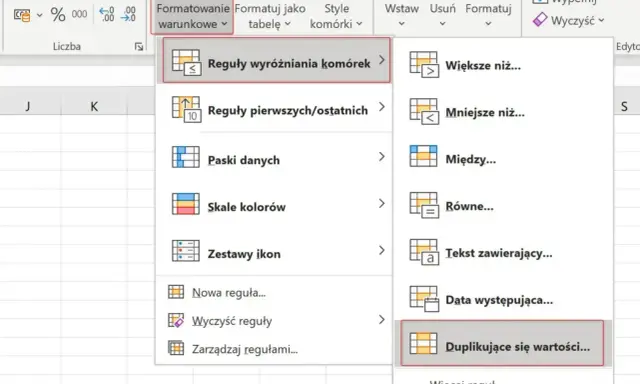 Wybierz "Duplikujące się wartości..." w menu "Formatowanie warunkowe", aby dowiedzieć się, jak usunąć powtarzające się wiersze w Excelu.