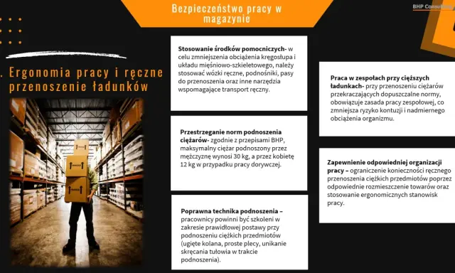Instrukcja magazynowania i składowania materiałów: ergonomia pracy, techniki podnoszenia, praca zespołowa i organizacja stanowiska.