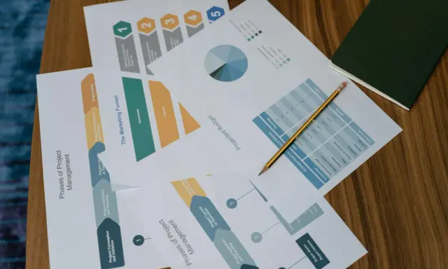 Karta projektu wzór: dokumenty z wykresami, tabelami i schematami faz zarządzania projektem oraz lejkiem marketingowym.
