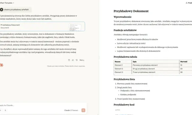Przykładowy artefakt w formie dokumentu Markdown, zawierający nagłówki, listy, tabelę i kod. Oto przykłady jego użycia.