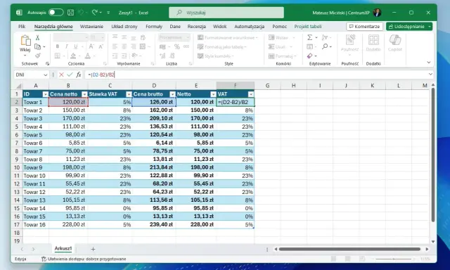 Excel pokazuje, jak obliczyć popyt, prezentując ceny netto, brutto i VAT dla różnych towarów. Formuła w komórce F2 pokazuje, jak to zrobić.