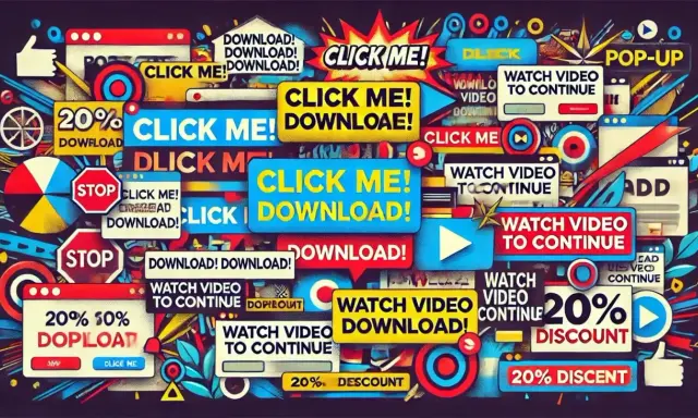 Mnóstwo przycisków "CLICK ME!", "DOWNLOAD!", "WATCH VIDEO TO CONTINUE" i "20% DISCOUNT" tworzy chaos, jak w pop-up.
