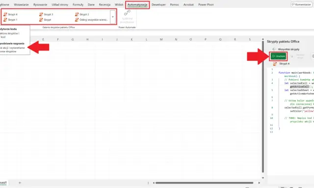 Excel: funkcja "jeżeli komórka zawiera tekst to wartość" jest realizowana przez skrypty. Uruchom skrypt, by zmienić kolor komórki.