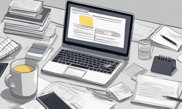 Biurko z laptopem, stosem dokumentów i kubkiem kawy. W tle widać przygotowania do niszczenia danych, stos papierów czeka na utylizację.