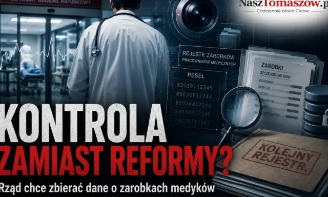 Lekarz w białym kitlu, dane o zarobkach medyków, PESEL, lupa i pieczęć "Kolejny rejestr". To kontrola, nie reforma.