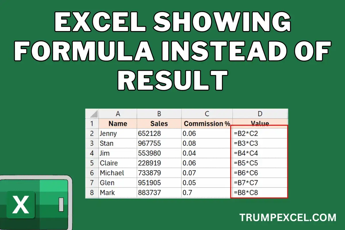 Excel wyświetla formułę zamiast wyniku w kolumnie D, pokazując obliczenia prowizji zamiast kwot.