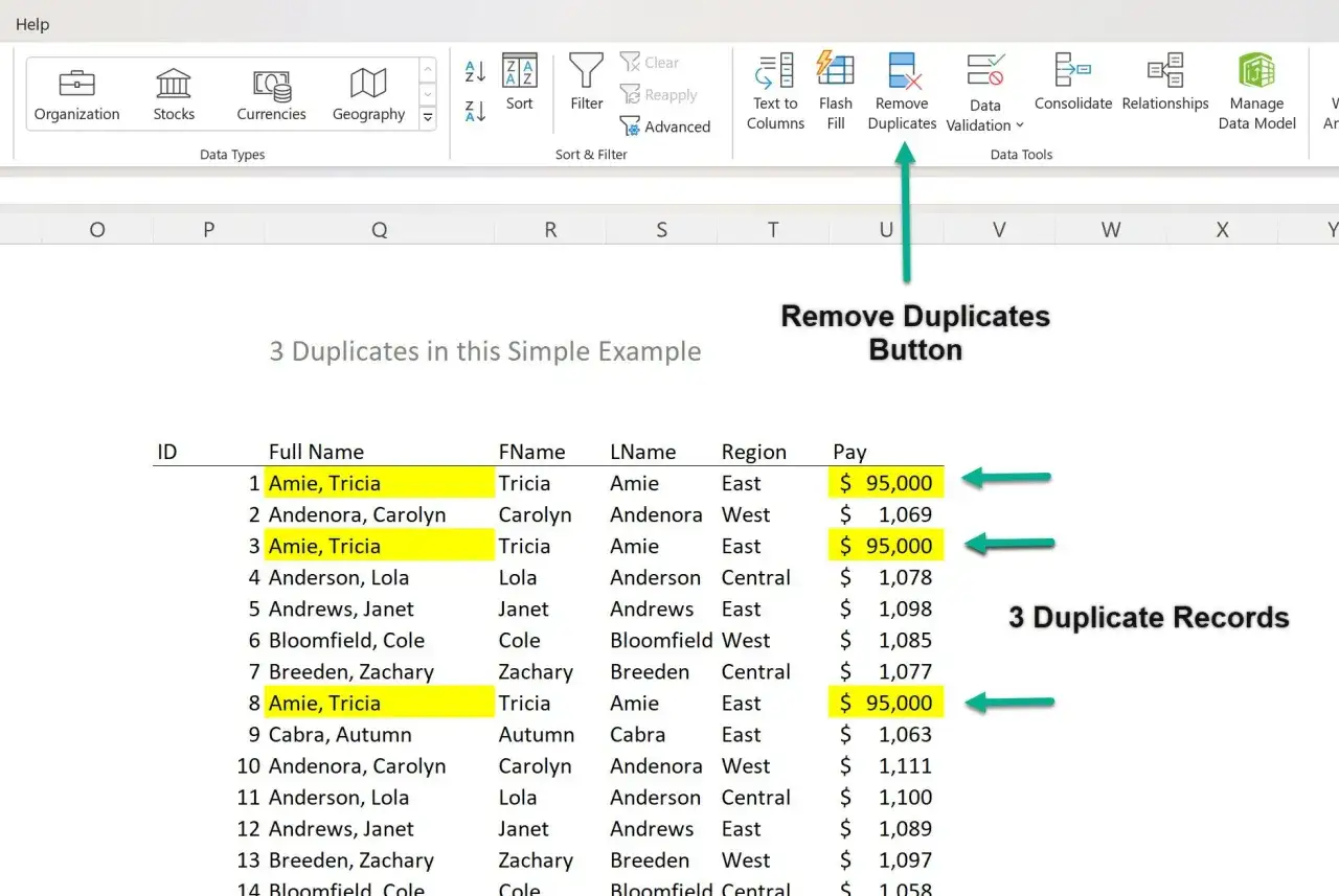 Excel: jak usunąć powtarzające się wiersze. Widok przycisku 