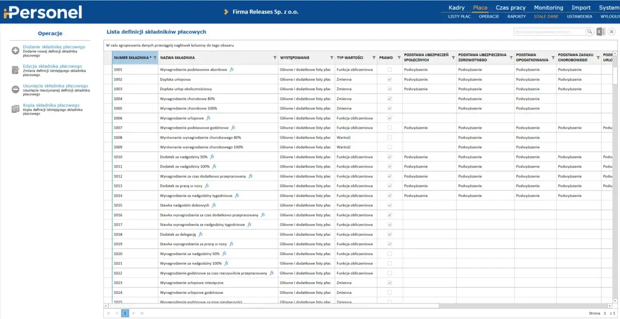 Lista definicji składników płacowych, gdzie payroll manager może edytować składniki wynagrodzeń, np. dodatek za nadgodziny.
