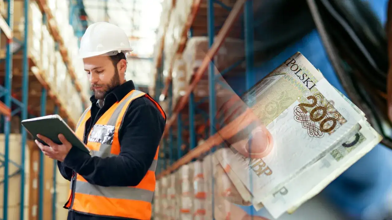 Pracownik magazynu z tabletem i polskie banknoty 200 zł. Przykłady rynku krajowego.