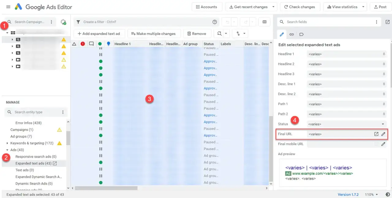 Edytor Google Ads pokazuje listę rozszerzonych reklam tekstowych. Widoczne są nagł&oacute;wki, opisy i statusy reklam.