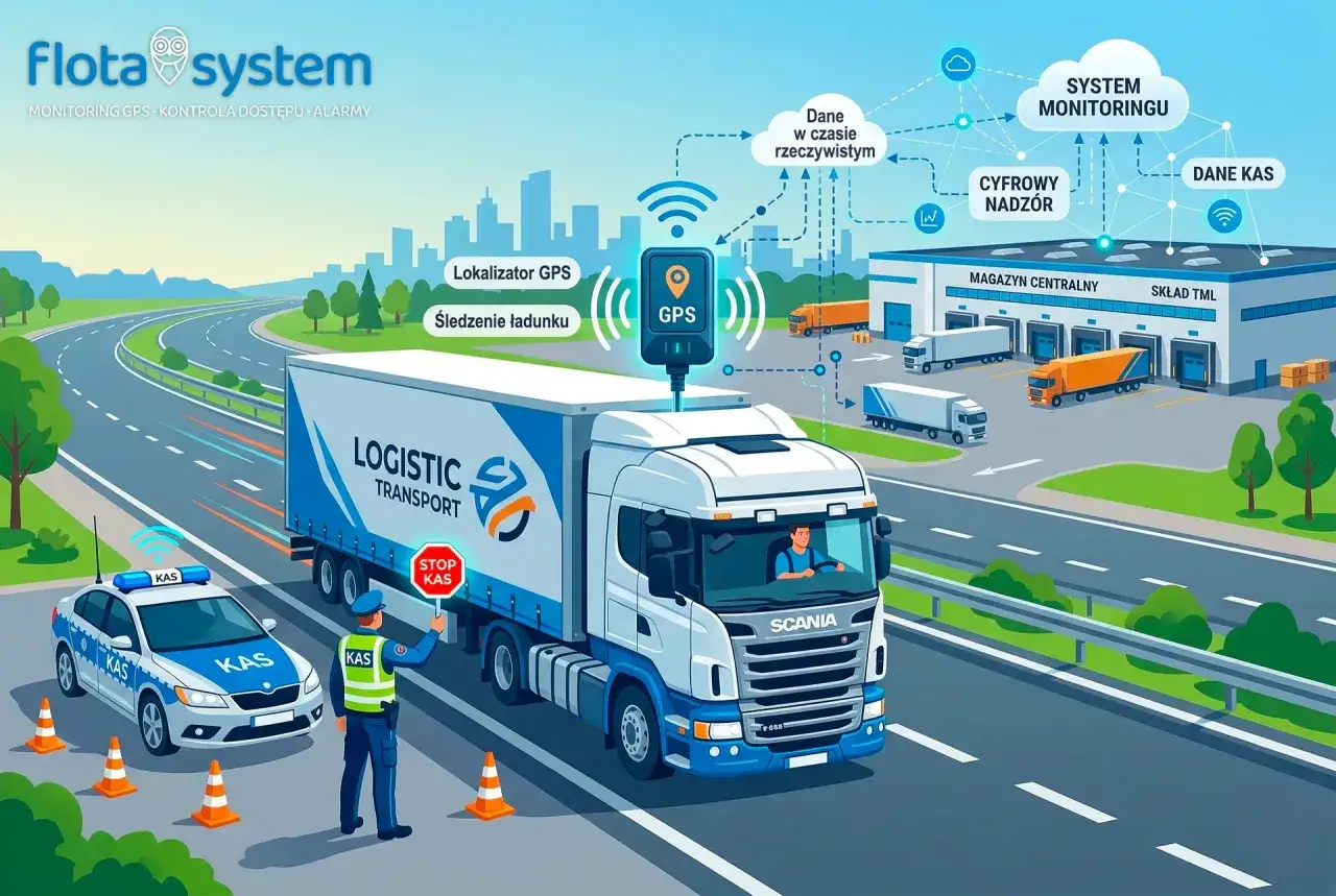 System GPS śledzi ciężar&oacute;wkę i radiow&oacute;z, przesyłając dane do monitoringu w chmurze.
