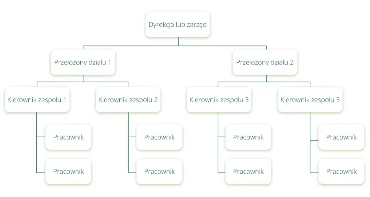 Schemat organizacyjny: Dyrekcja lub zarząd, przełożeni dział&oacute;w, kierownicy zespoł&oacute;w i pracownicy. Każdy kierownik zespołu ma pod sobą pracownik&oacute;w.