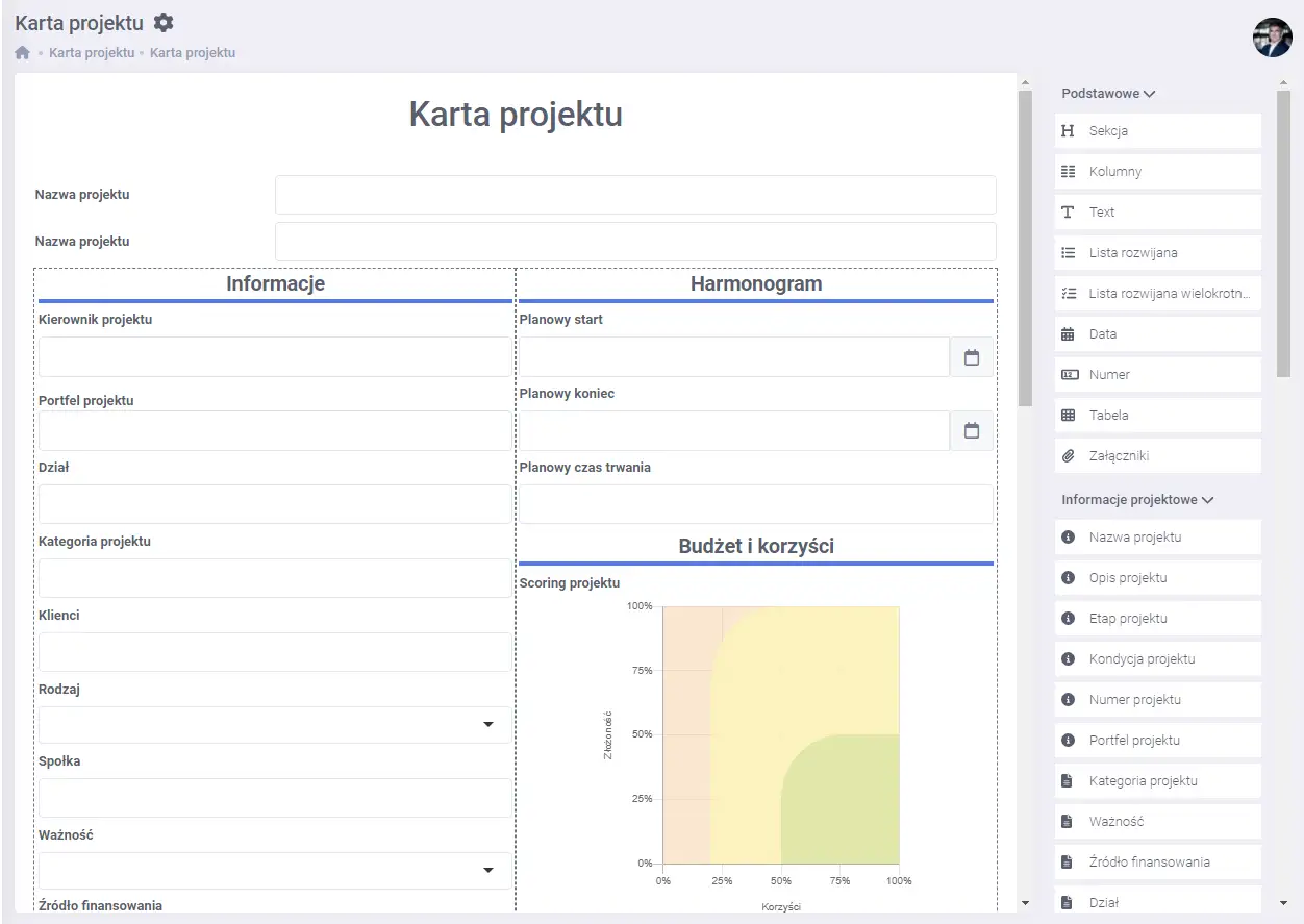 Karta projektu wzór: formularz z polami do wprowadzania danych o projekcie, harmonogramem i wykresem budżetu.