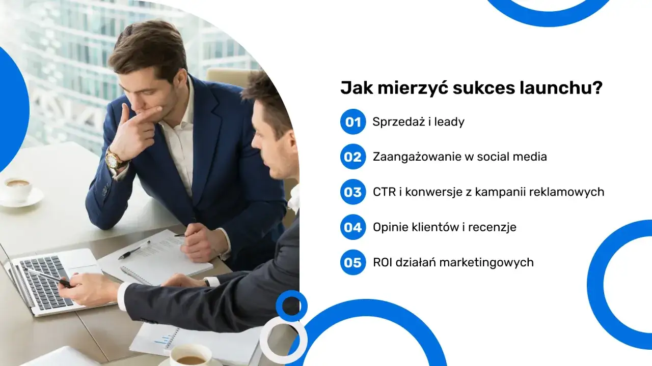 Dw&oacute;ch mężczyzn analizuje wyniki wprowadzania produktu na rynek: sprzedaż, zaangażowanie w social media, CTR, opinie klient&oacute;w i ROI.