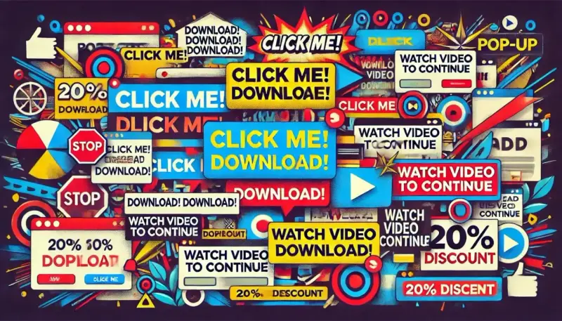Mnóstwo przycisków "CLICK ME!", "DOWNLOAD!", "WATCH VIDEO TO CONTINUE" i "20% DISCOUNT" tworzy chaos, jak w pop-up.